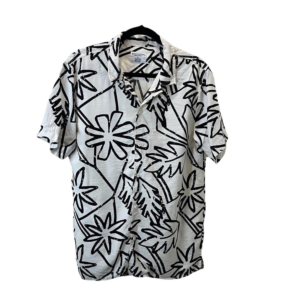 Distortion Shirt Men's Size Medium Tropical Print Black White Button Up Shirt